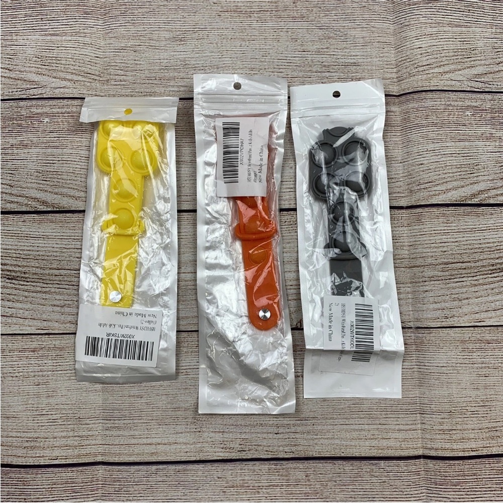 Kids Set Of 3 Fidget Popping Bracelets Sensory Silicone Yellow Orange Gray